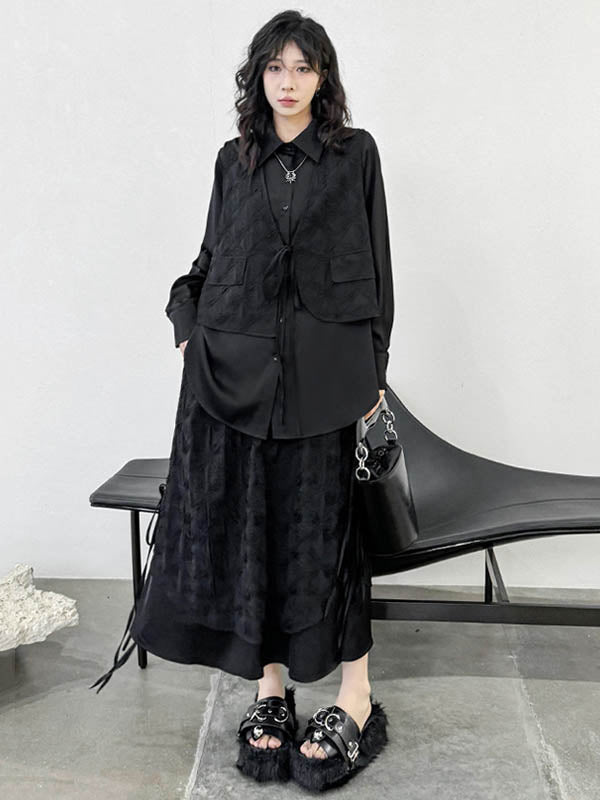 Ensemble deux pièces asymétrique boutonné à empiècements, à cordon de serrage, à imprimé floral, effet deux pièces, à col revers, à poches, à taille élastique, à double rang, couleur unie – chemisier + jupe
