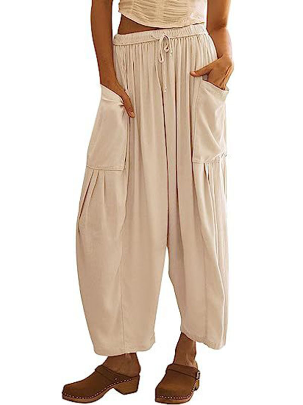 Pantalon ample plissé taille haute, à cordon de serrage, à taille élastique, à poches, couleur unie
