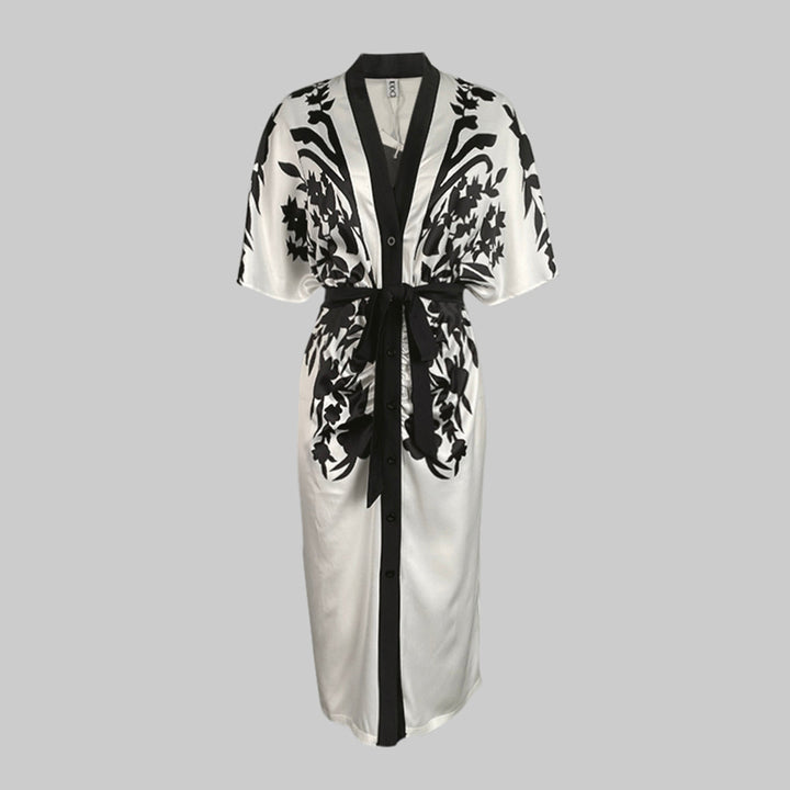 Robe mi-longue imprimée à manches mi-longues, à imprimé floral, à taille nouée, à col en V