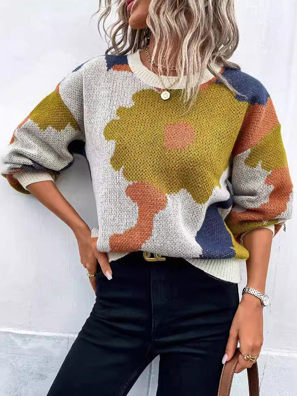 Pull ample asymétrique à manches bouffantes, à fleurs en tricot, à empiècements, à col rond