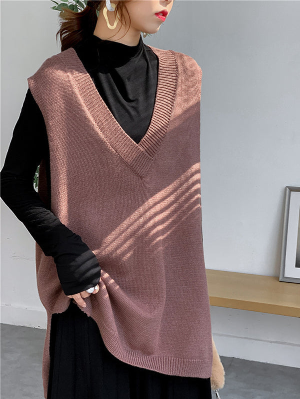 Gilet tricoté sans manches à la mode, fendu sur le côté, couleur unie, col en V