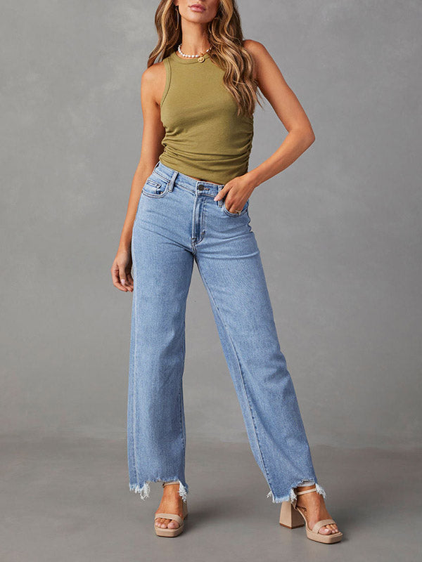 Jean taille haute, à jambes droites, à franges, à empiècements