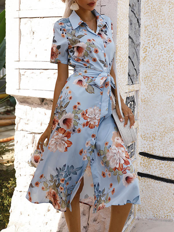 Robe mi-longue ample boutonnée coupe trapèze, à imprimé floral, à taille nouée, à col revers