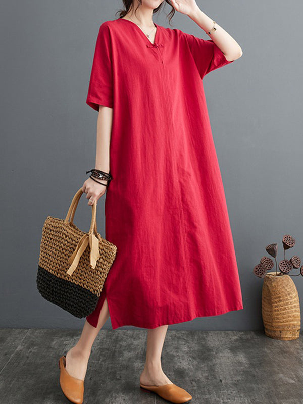 Robe trapèze ample avec boutons de grenouille chinoise, poches, couleur unie, fendue sur le côté, col en v, robes mi-longues