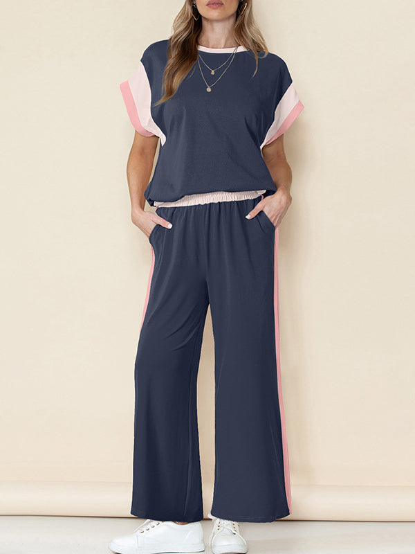 Ensemble deux pièces ample à manches raglan, à empiècements, à col rond, à taille élastique, couleur contrastée – t-shirt + bas