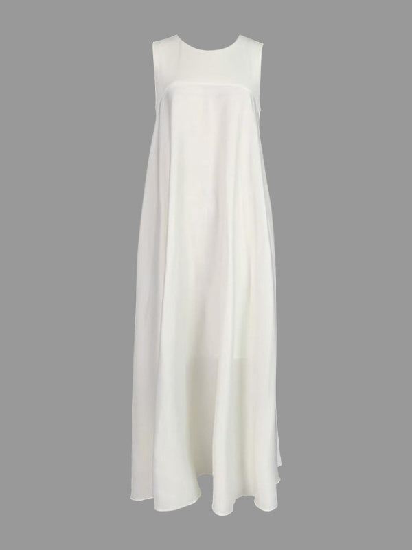 Robe longue ample sans manches, à poches, à empiècements, à col rond, couleur unie