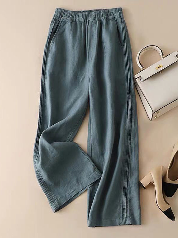Pantalon ample décontracté à jambes larges en coton ramie à volants