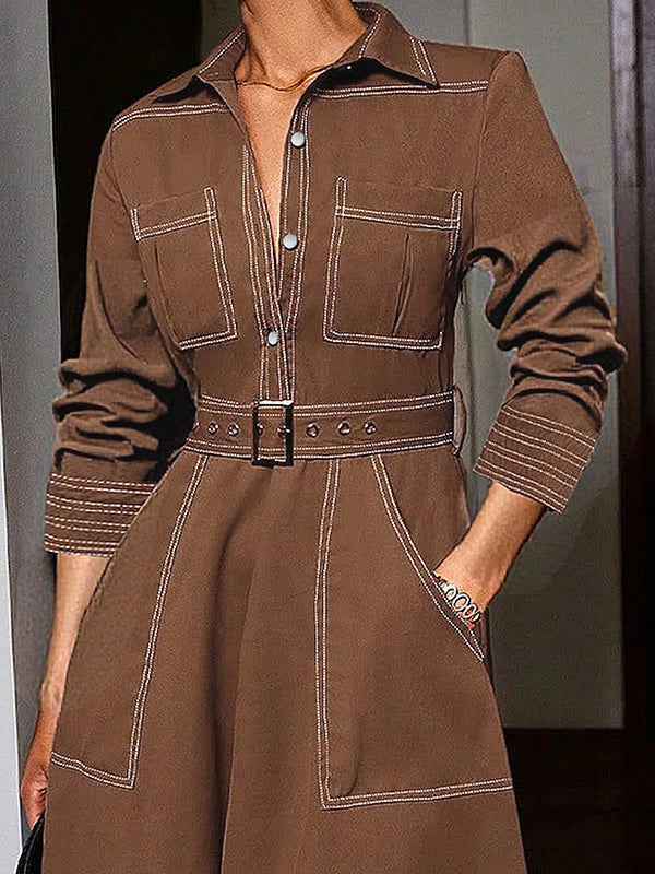 Robe longue ample boutonnée à manches longues, à taille élastique, à poches, à col revers, couleur unie