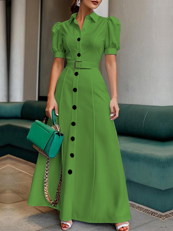 Robe chemise boutonnée à manches bouffantes, à manches courtes, avec ceinture, à col revers, couleur unie