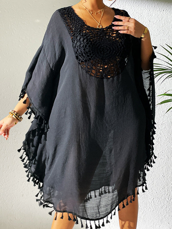 Robe mi-longue ample ajourée à manches chauve-souris, anti-UV, à pompons, à col rond, couleur unie