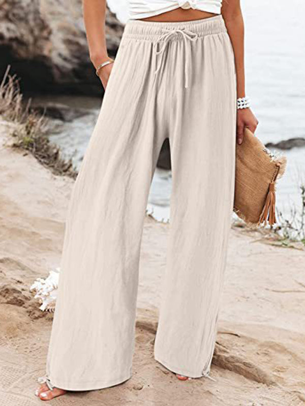 Pantalon ample à jambes larges, à cordon de serrage, à taille élastique, couleur unie
