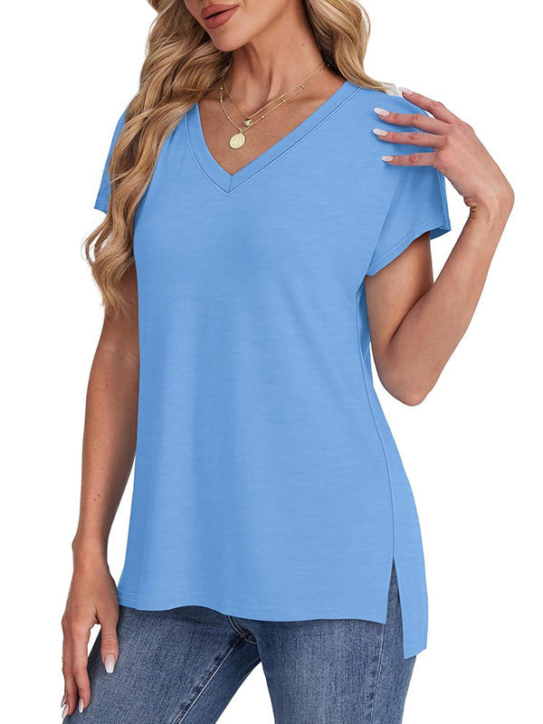 T-shirt fendu sur le côté à ourlet plongeant, à manches raglan, à empiècements, à col en V, couleur unie