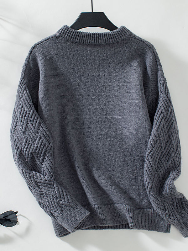 Pull ample à manches longues, à empiècements, à col rond, couleur unie