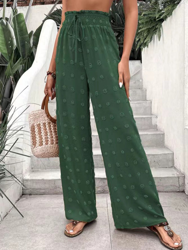Pantalon ample taille haute, à cordon de serrage, à taille élastique, en jacquard, couleur unie