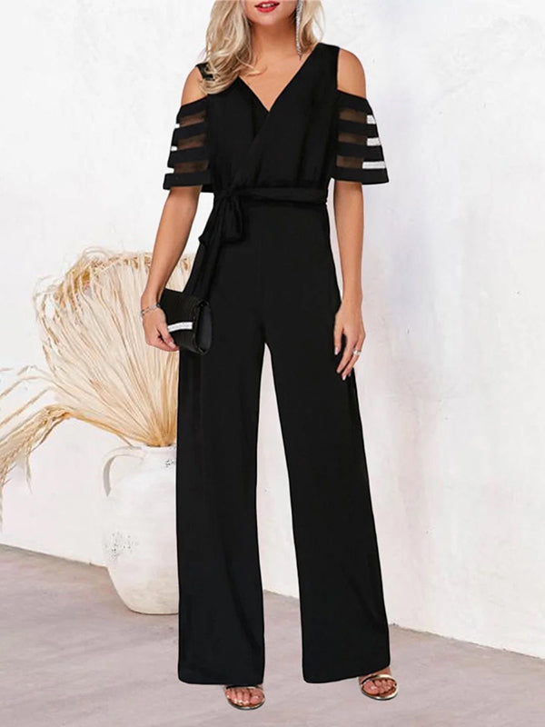 Combinaison ample ajourée taille haute, en résille, à taille nouée, à col en V, couleur unie