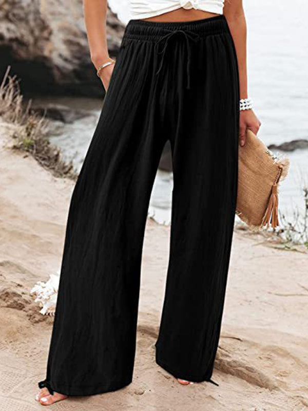 Pantalon ample à jambes larges, à cordon de serrage, à taille élastique, couleur unie