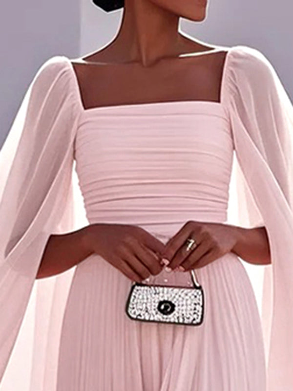 Robe de soirée longue plissée style cape, en gaze, à empiècements, à col carré