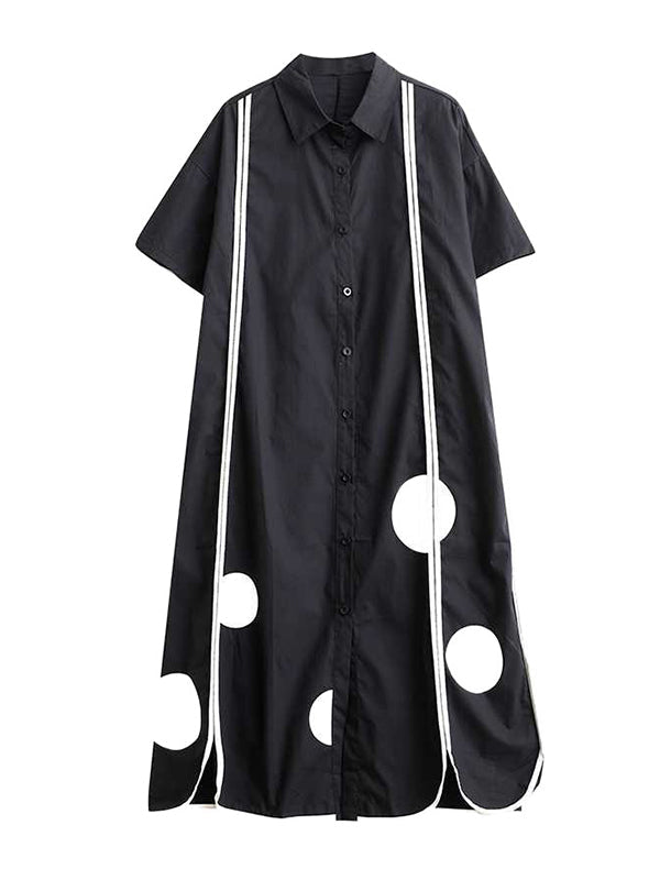 Robe chemise boutonnée fendue devant coupe trapèze, à manches mi-longues, à poches, à pois, à empiècements, à col revers