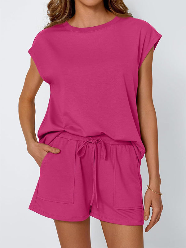 Ensemble deux pièces ample à manches raglan, à empiècements, à col rond, à cordon de serrage, à taille élastique, couleur unie – t-shirt + short