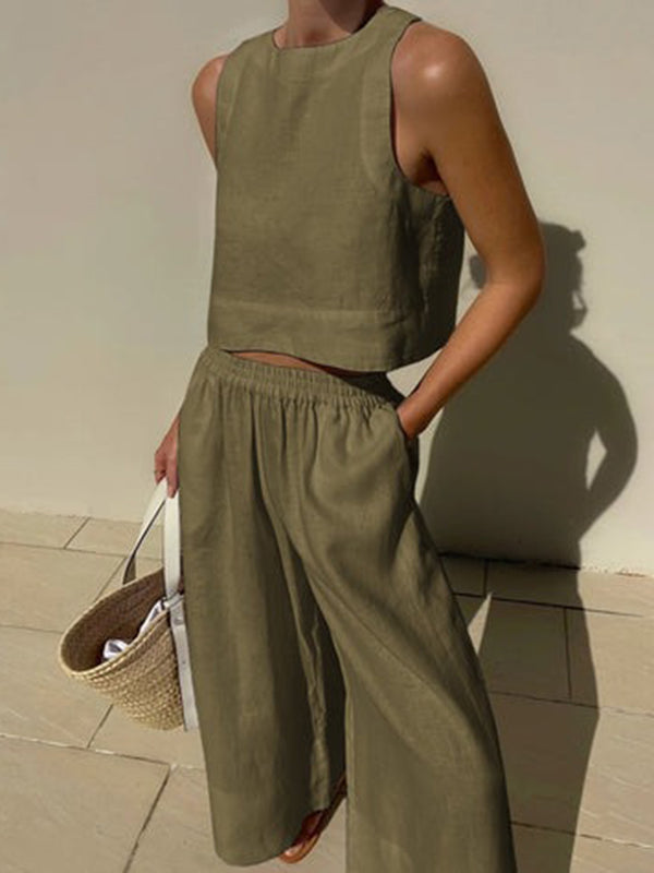 Ensemble deux pièces gilet sans manches à col rond de couleur unie + pantalon élastique à jambes larges