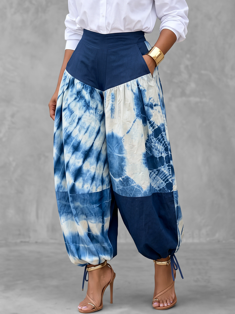 Pantalon resserré aux chevilles imprimé à empiècements, taille haute, couleur contrastée