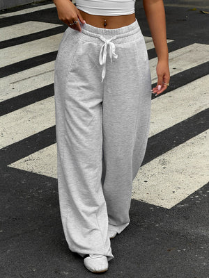 Pantalon à taille élastique, à cordon de serrage, à jambes larges, taille haute, couleur unie