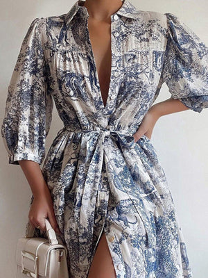 Robe chemise ample plissée imprimée à manches bouffantes, à empiècements, à taille nouée, à col revers