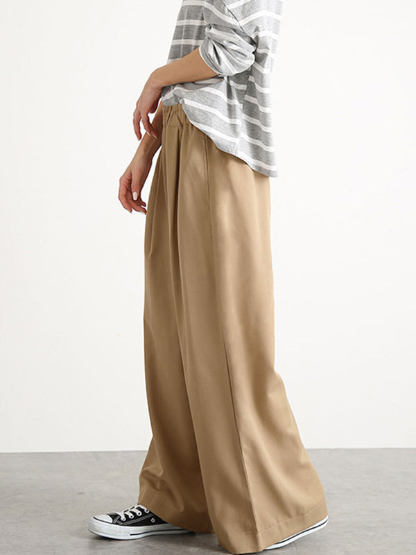 Pantalon taille haute à jambes larges, élastique, couleur unie, à empiècements, large côté