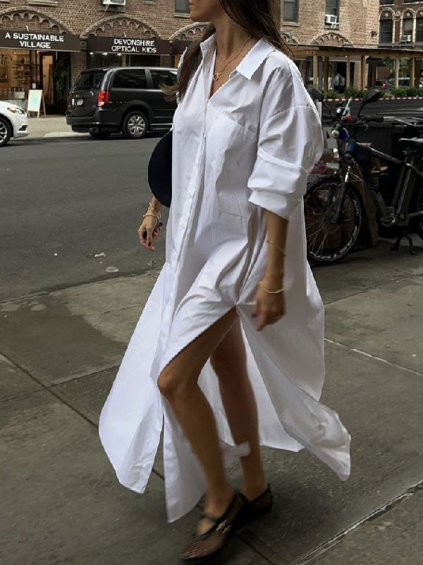 Robe chemise longue à manches longues, ample, boutonnée, couleur unie, revers fendu sur le côté