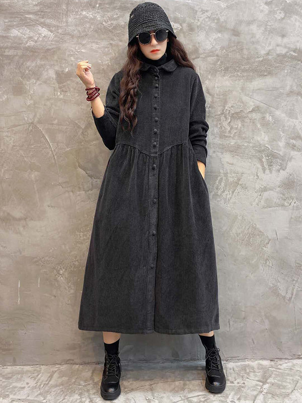 Robe Originale à Revers en Velours Côtelé Uni