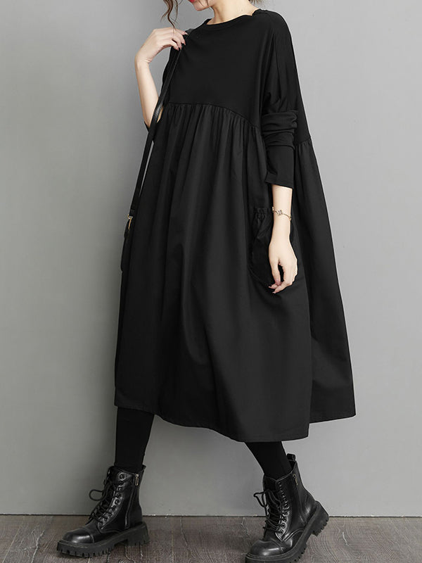 Robe mi-longue simple ample noire à empiècements, à manches longues