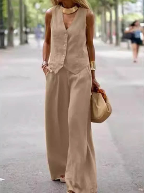 Ensemble deux pièces ample, couleur unie, col en v, pantalon élastique, grande taille