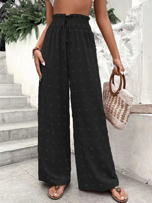 Pantalon ample taille haute, à cordon de serrage, à taille élastique, en jacquard, couleur unie