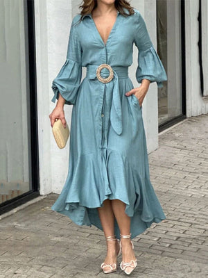 Robe longue plissée à ourlet plongeant, à manches bouffantes, à col revers, couleur unie