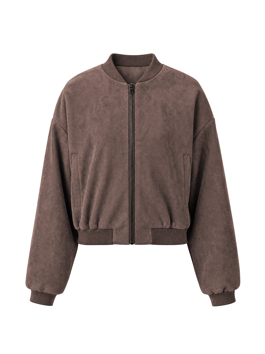 Veste courte à fermeture éclair, à taille élastique, à manches longues, à col rond, couleur unie