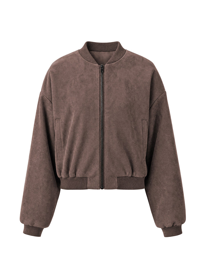 Veste courte à fermeture éclair, à taille élastique, à manches longues, à col rond, couleur unie