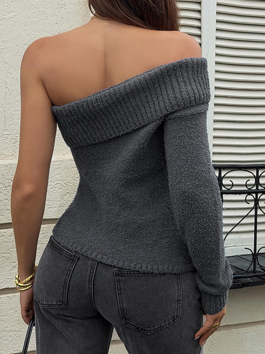 Pull à manches longues, asymétrique à une épaule, couleur unie