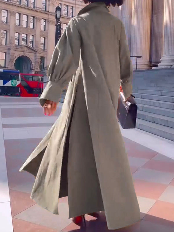 Robe chemise ample fendue sur le côté à manches longues, à empiècements, à col revers, couleur unie