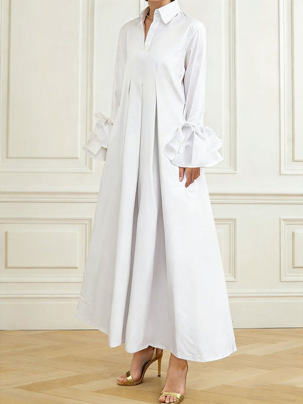 Robe chemise plissée à manches évasées, à empiècements, à col revers, couleur unie