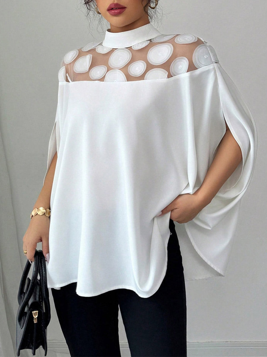 Blouse style cape ample, plissée et transparente, motif géométrique, à col roulé court, couleur unie