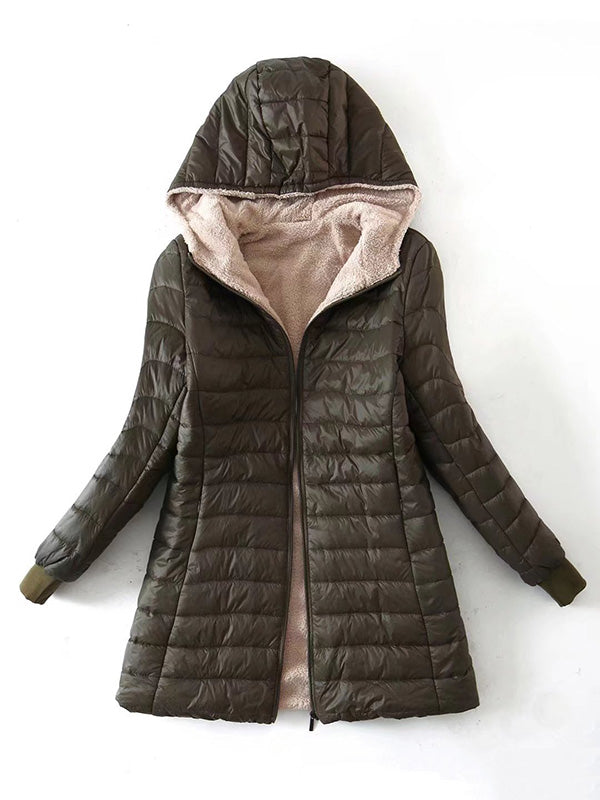 Manteau chaud matelassé à manches longues, à poches, en velours, à fermeture éclair, à capuche