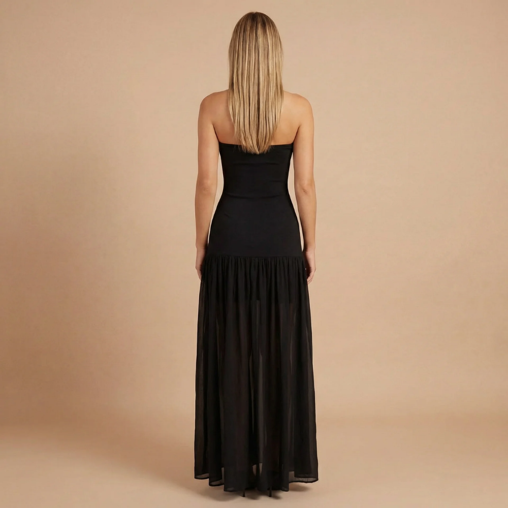 Sharon - Robe maxi sans bretelles avec taille tombante et fronces