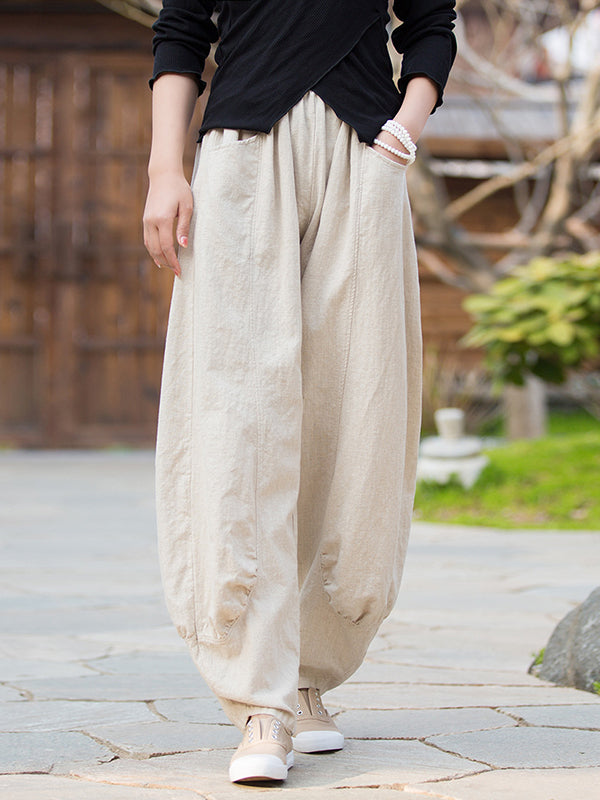 Pantalon en lin décontracté à jambes larges, taille haute, couleur unie, 7 couleurs