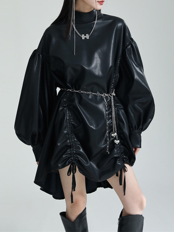 Robe courte plissée à ourlet plongeant, à manches longues, à cordon de serrage, à col montant, couleur unie