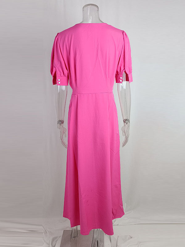 Robe mi-longue ample boutonnée taille haute, à col rond