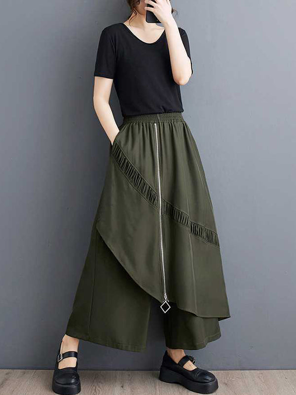 Pantalon jupe-culotte taille haute, ample, élastique, poches plissées, fermeture éclair, à empiècements