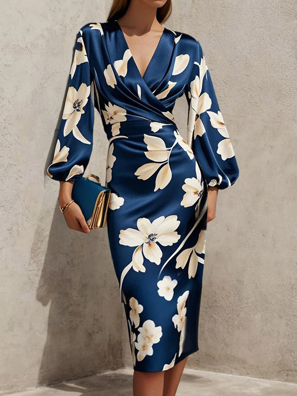 Robe mi-longue ample plissée à manches bouffantes, à imprimé floral, à empiècements, à col en V