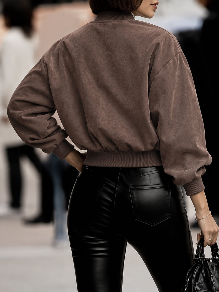 Veste courte à fermeture éclair, à taille élastique, à manches longues, à col rond, couleur unie