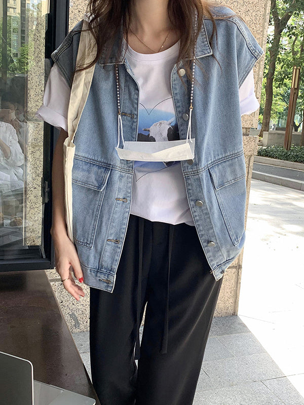 Gilet sans manches simple à empiècements, en jean, couleur unie