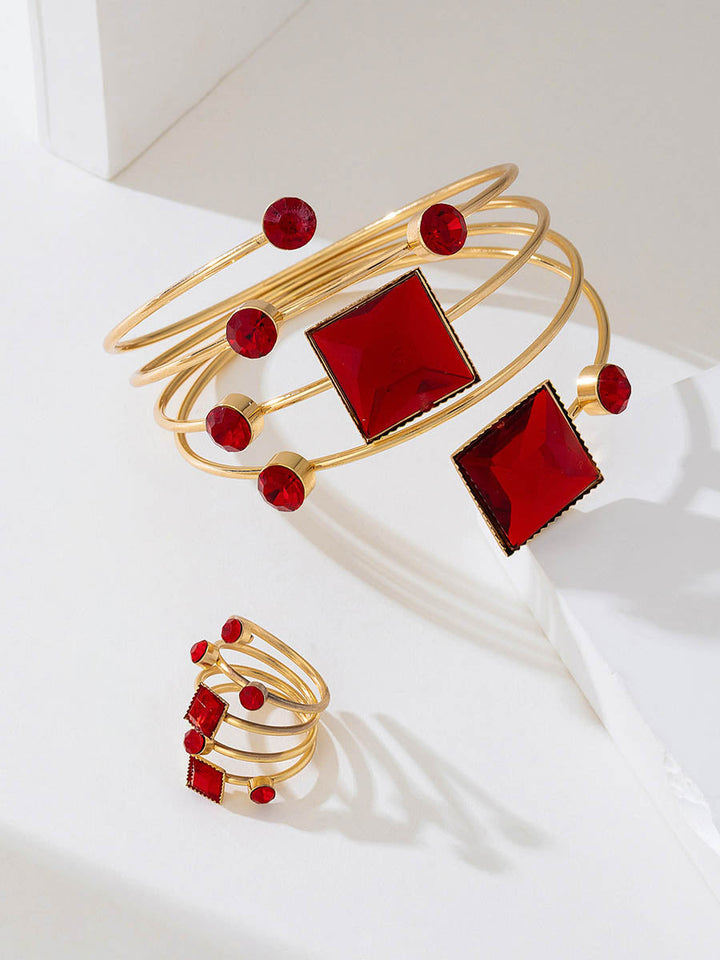 Parure bracelet et bague géométrique brillante à coupe irrégulière, à strass
